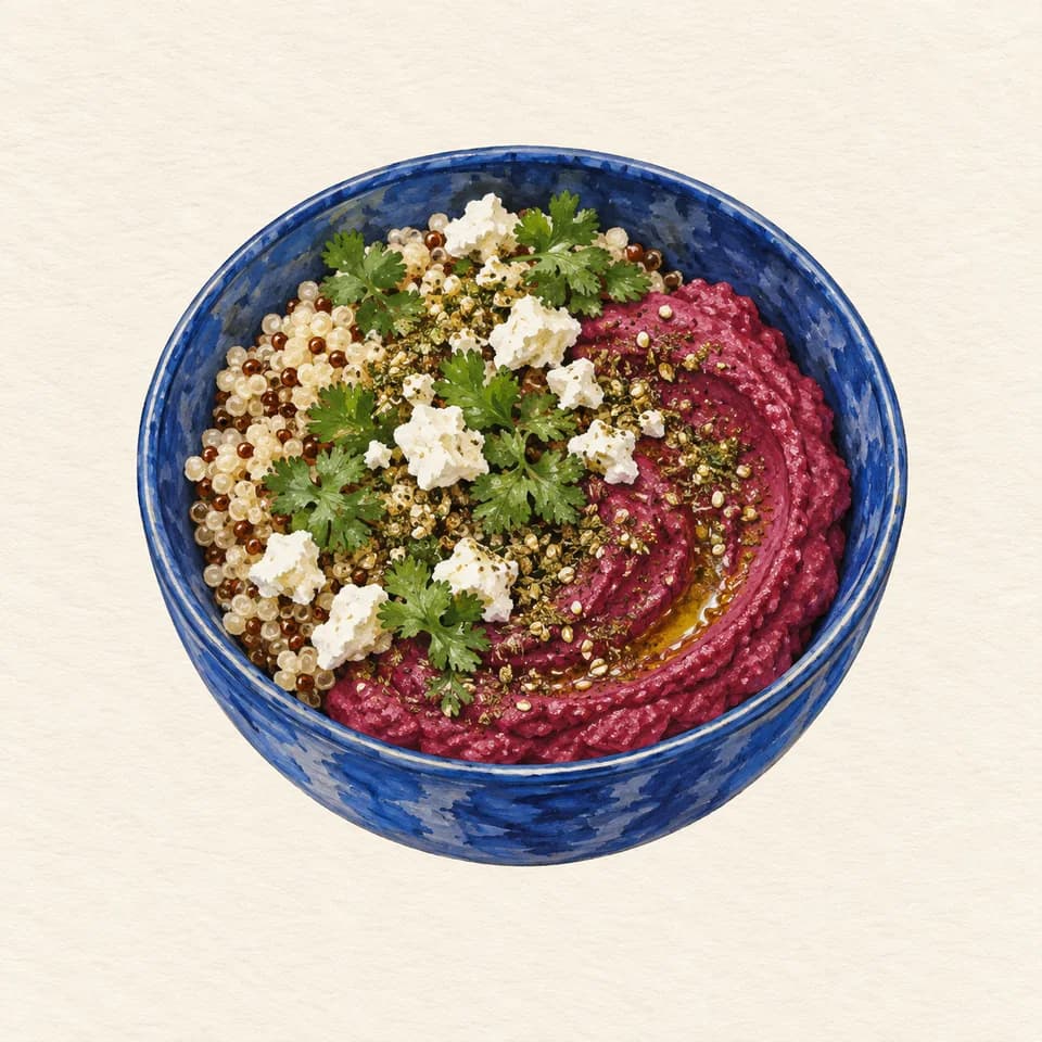 رسم تحريري لطبق حمص الشمندر في Circle Café؛ ليس صورة فوتوغرافية للمكان