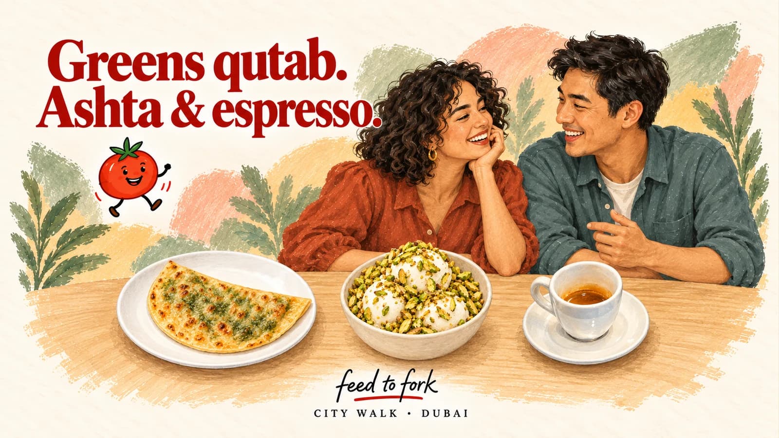 Editorial illustration · City Walk: greens qutab, pistachio ashta and espresso