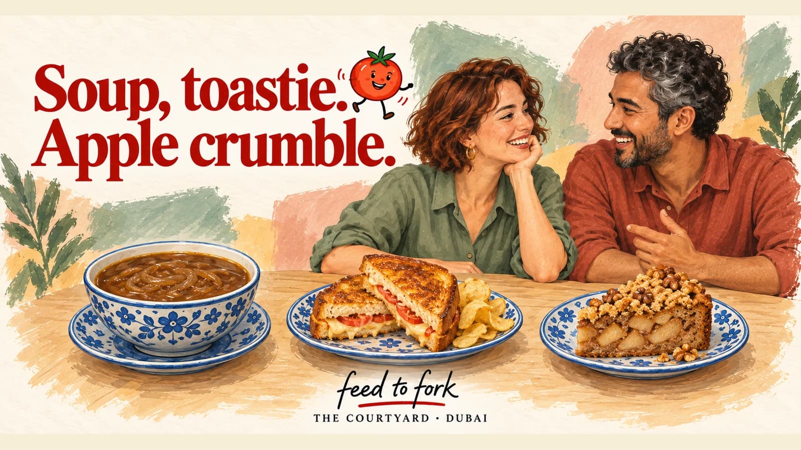 Editorial illustration · The Courtyard: onion soup, cheese toastie and apple crumble cake