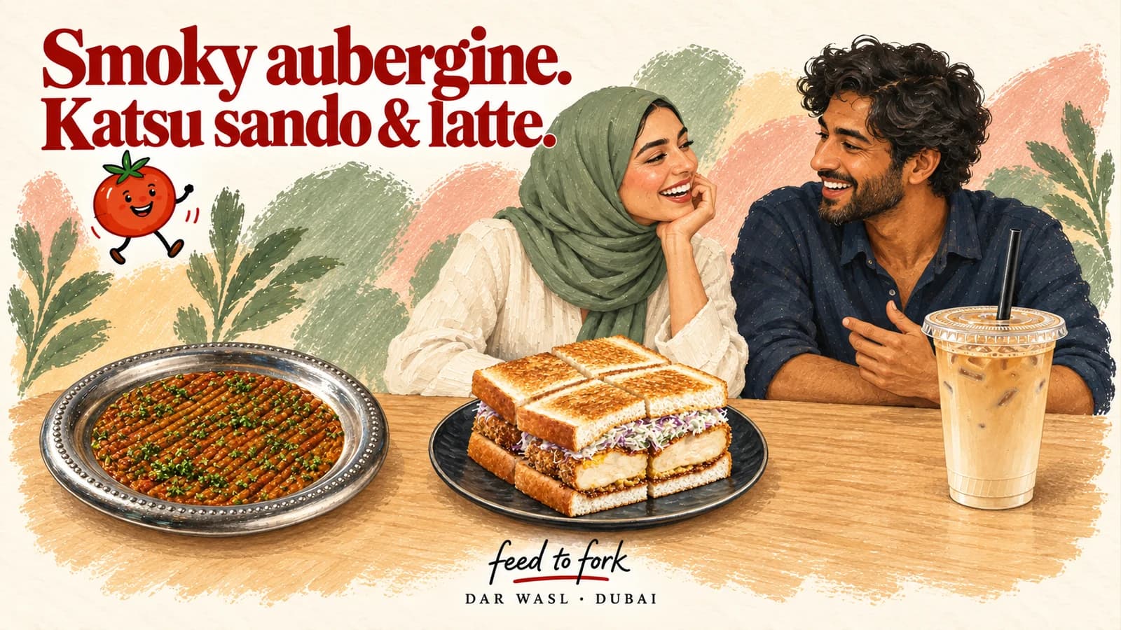 Editorial illustration · Dar Wasl: smoky aubergine, chicken sando and iced latte
