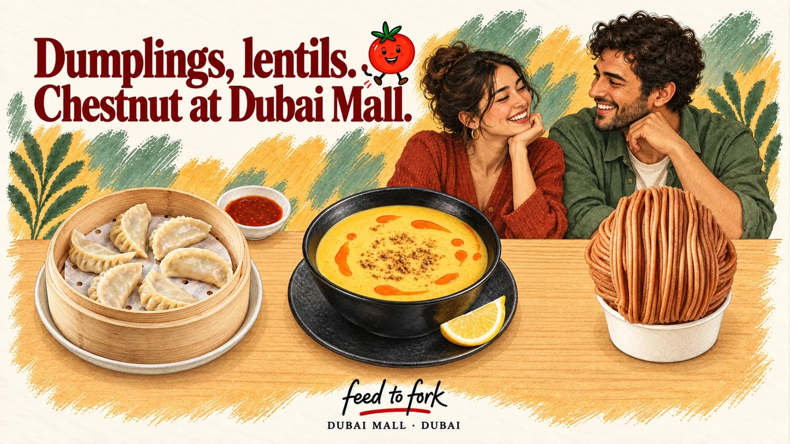 Editorial illustration · Dubai Mall: dumplings, lentil soup and chestnut cream