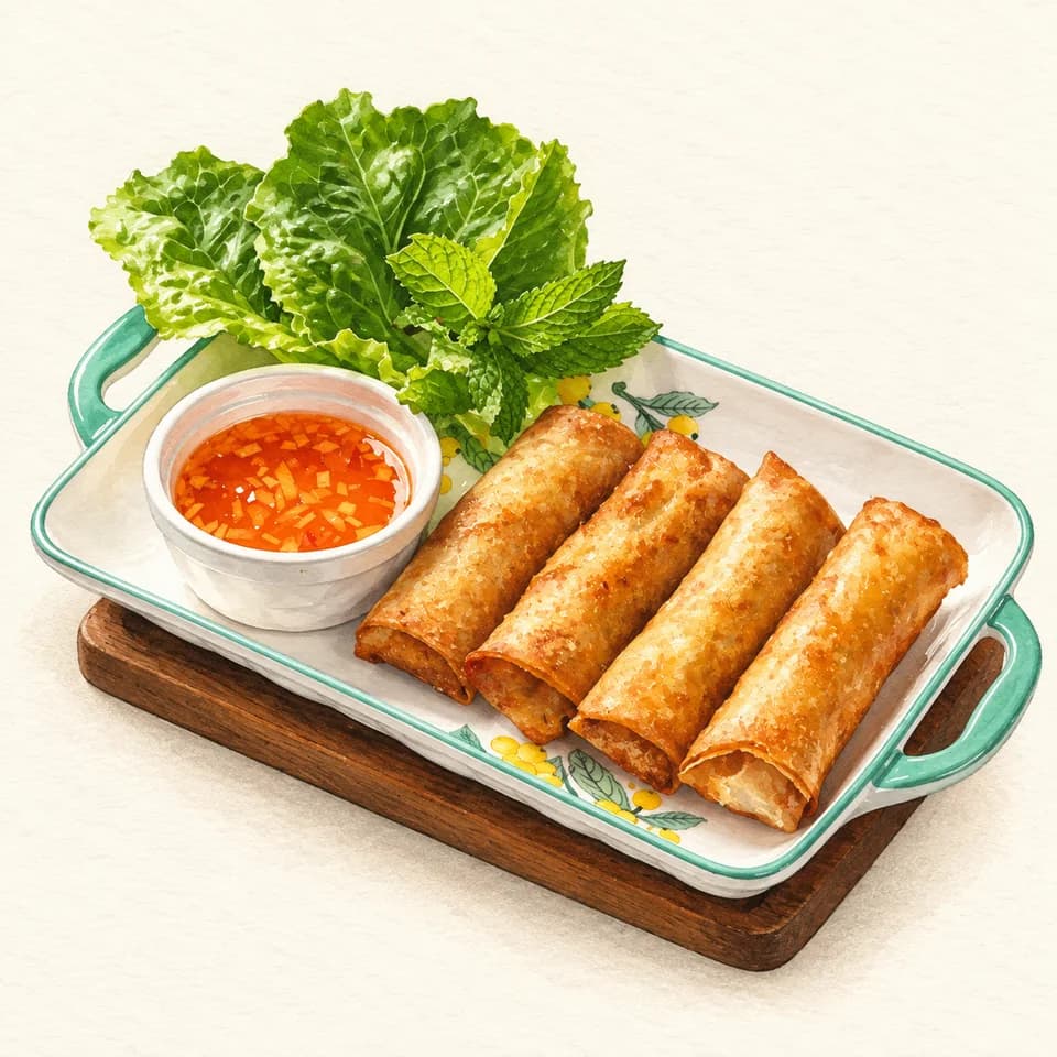 Editorial illustration of Vegetable Fried Spring Rolls — Chả Nem Chay at Hanoi Naturally
