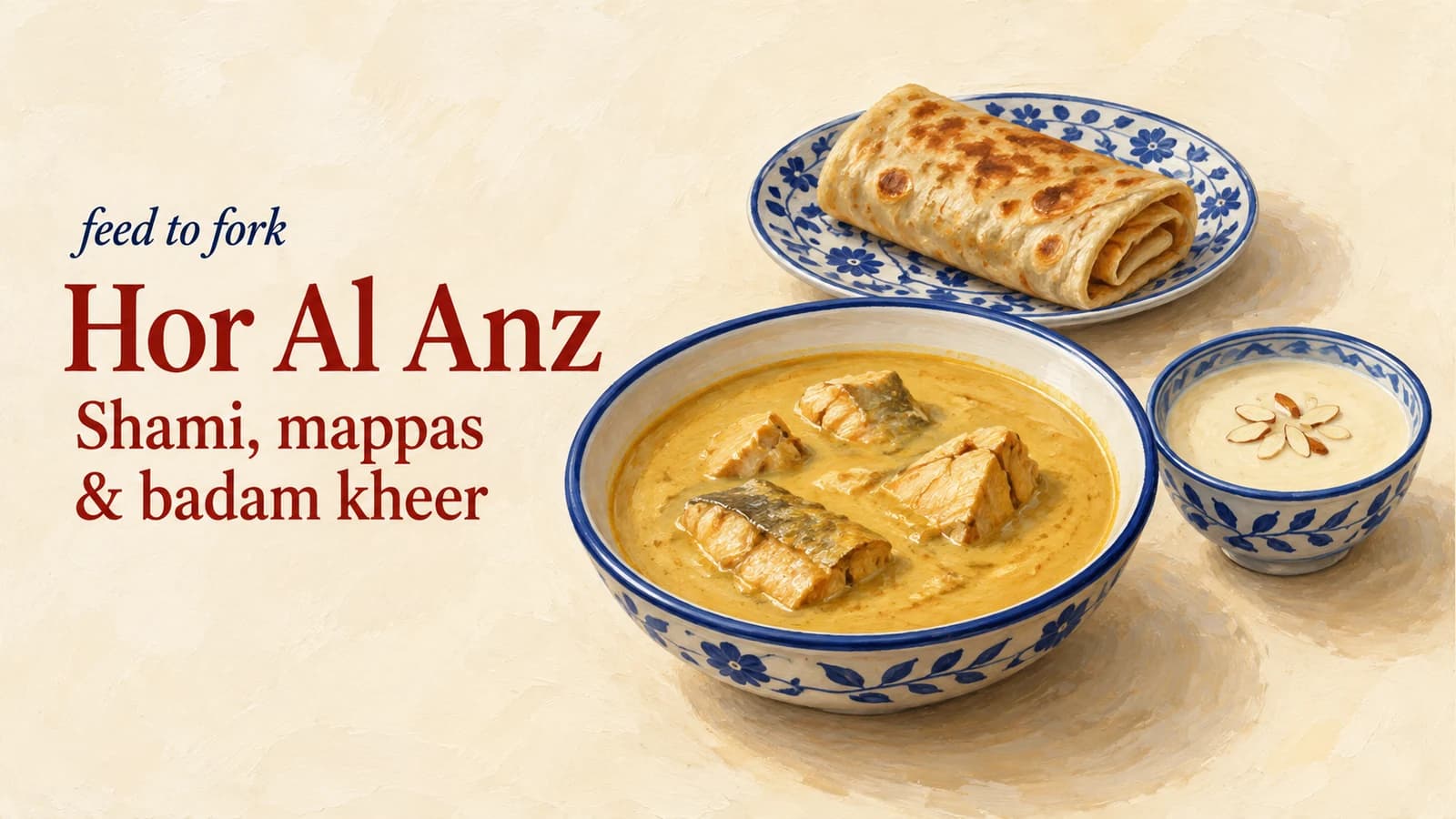 Editorial illustration · Hor Al Anz: a shared roll, coconut fish and almond sweet