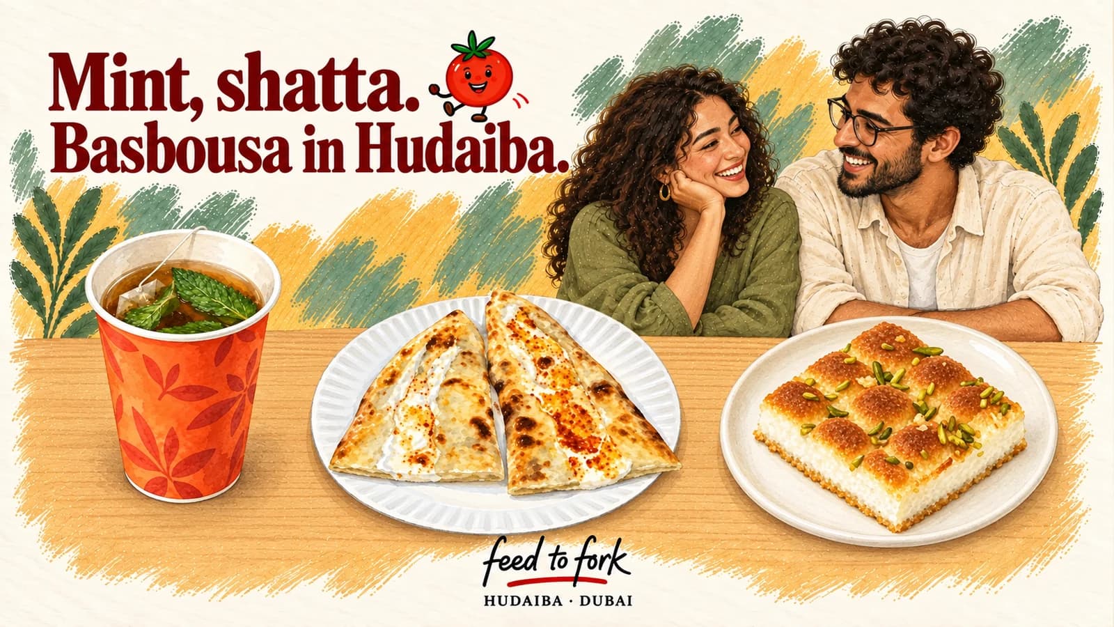 Editorial illustration · Al Hudaiba: mint tea, spicy labneh and cream basbousa
