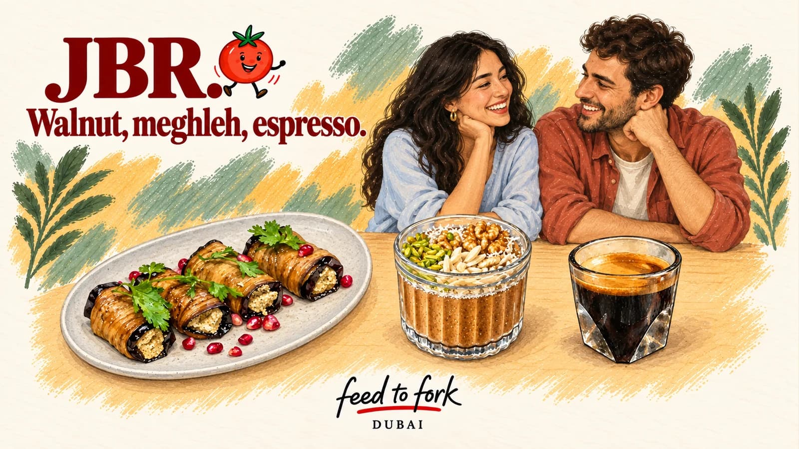 Editorial illustration · JBR: Walnut Rolls, Meghleh & Espresso