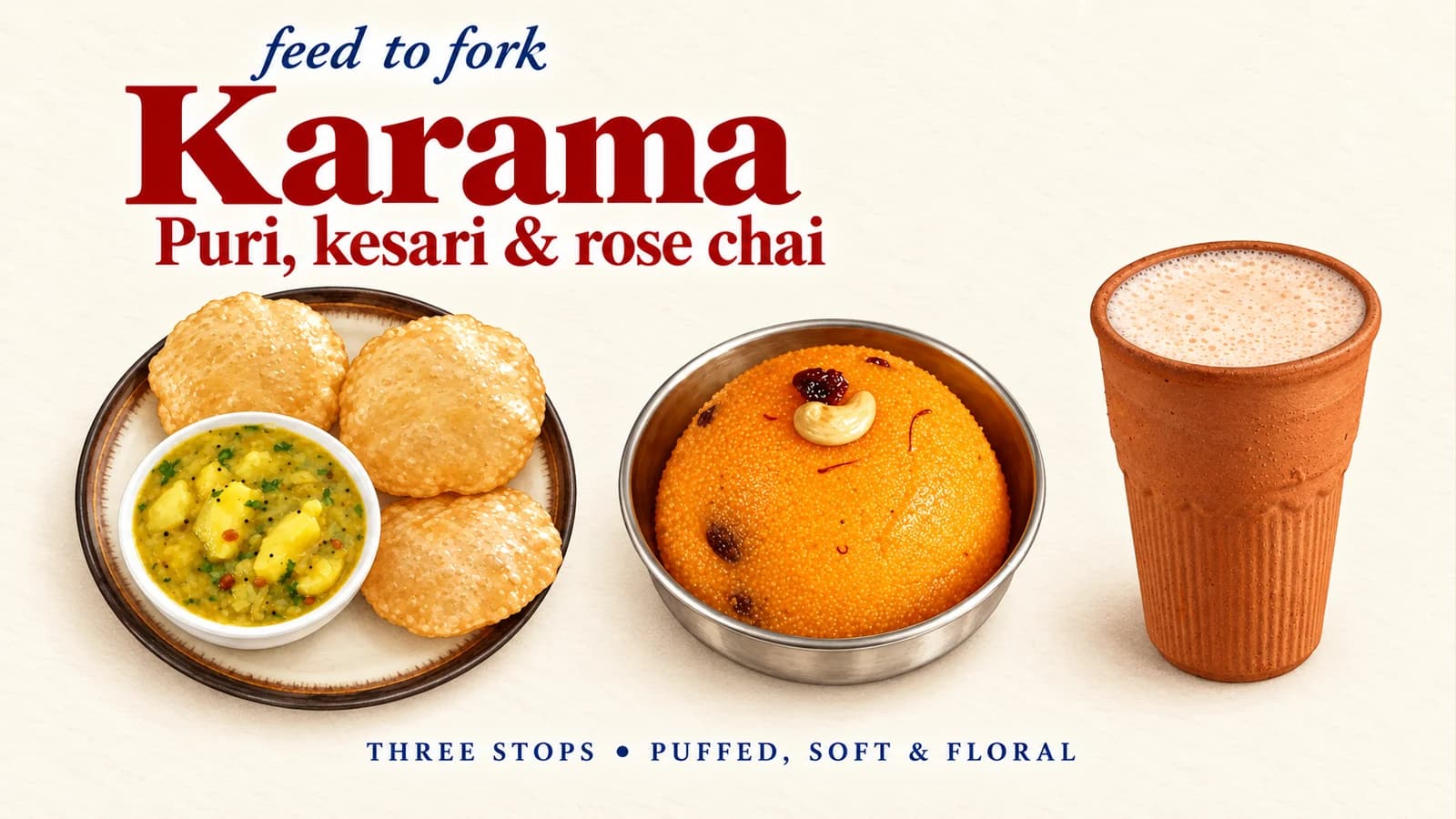 Editorial illustration · Karama: puffed puri, orange kesari and rose chai