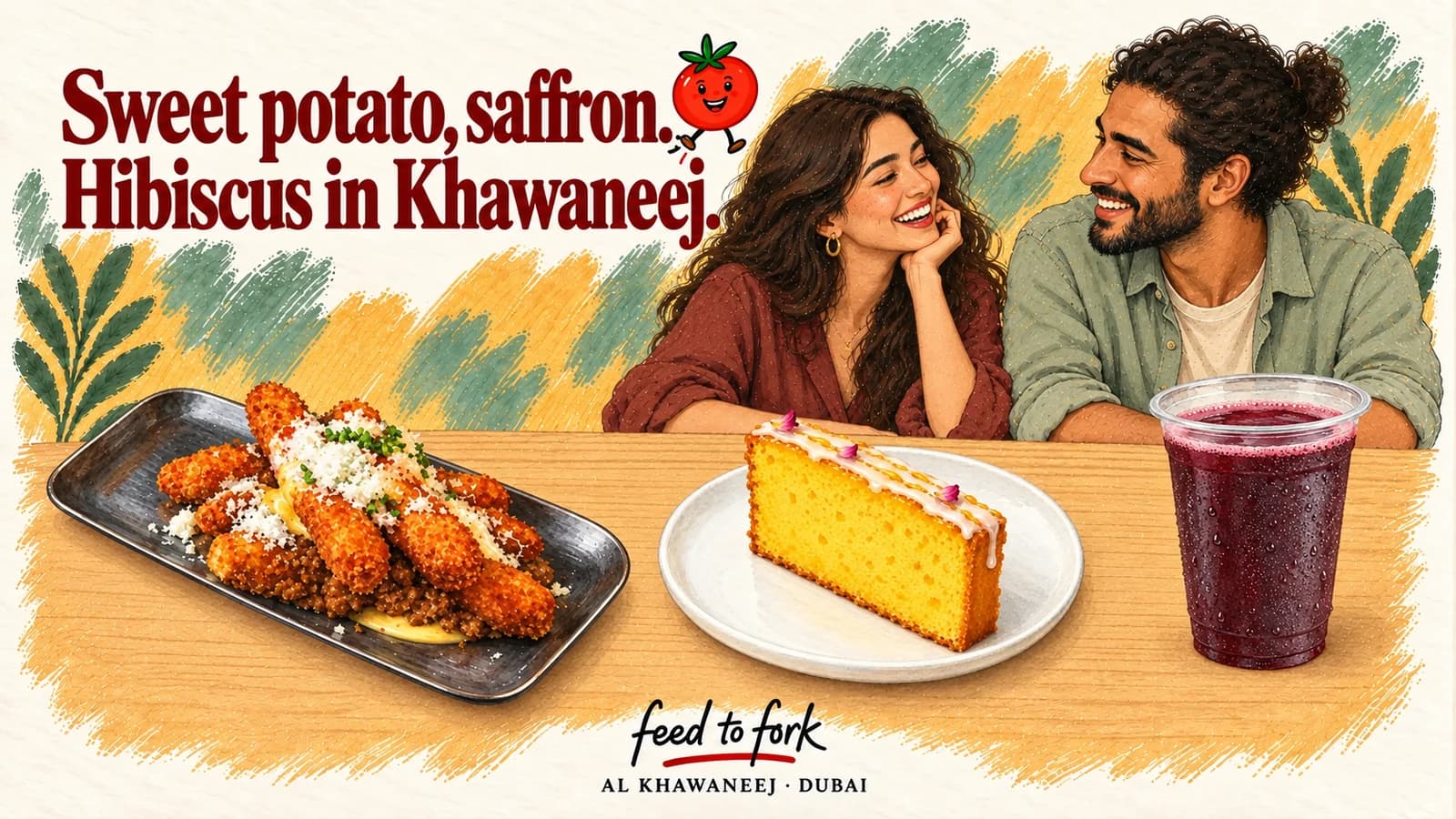 Editorial illustration · Khawaneej Walk: sweet potato, saffron loaf and hibiscus