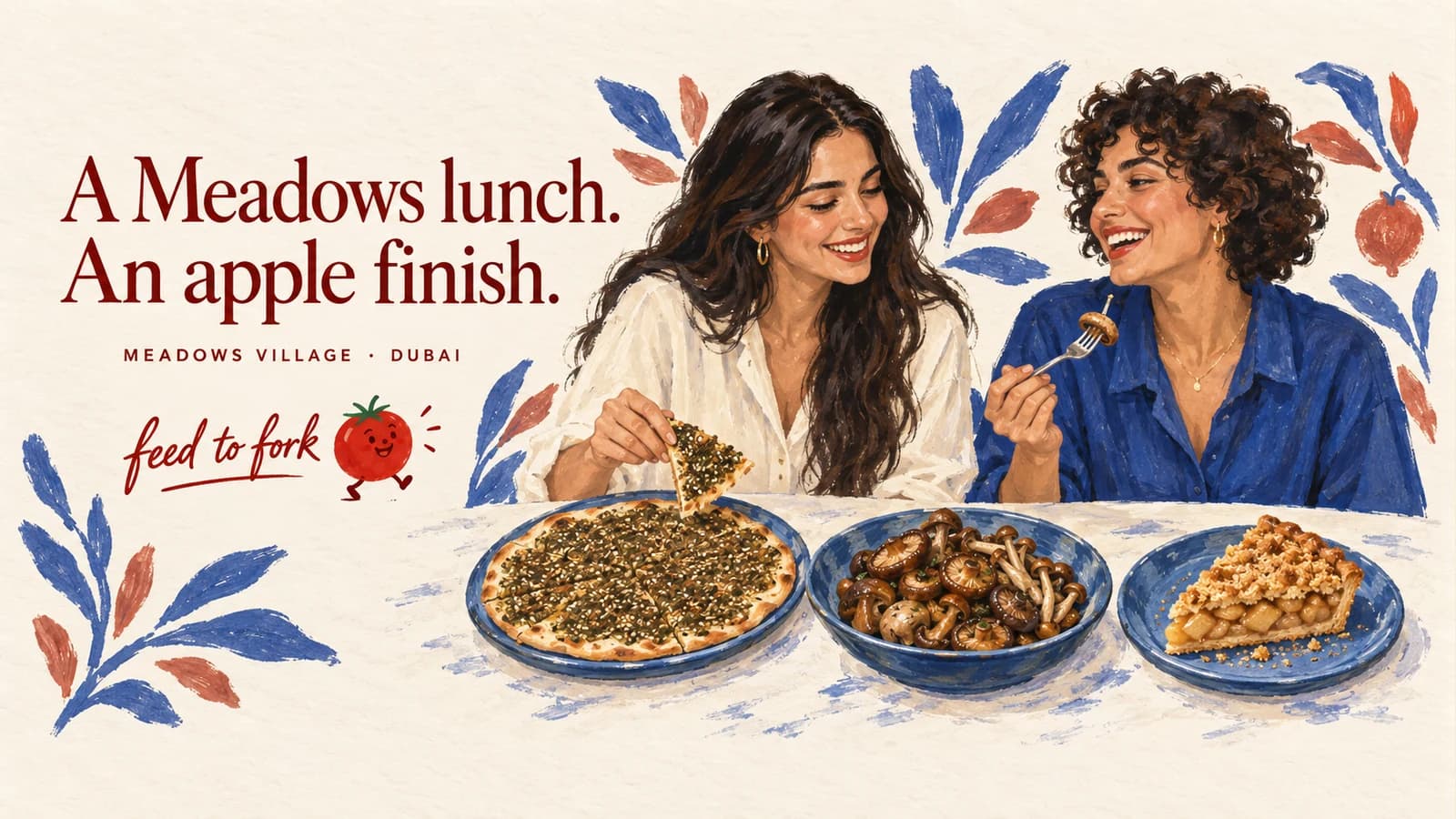 Editorial illustration · Meadows Village: dugga bread, mushrooms and apple crumble