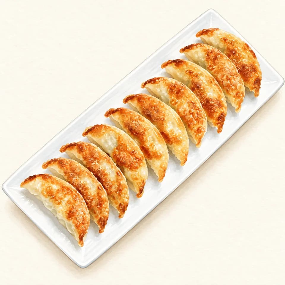 Editorial illustration of Pan-fried prawn and chicken dumplings at Nine Squares