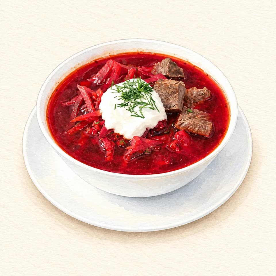 رسم توضيحي لطبق شوربة بورش في مطعم بوشكين الروسي