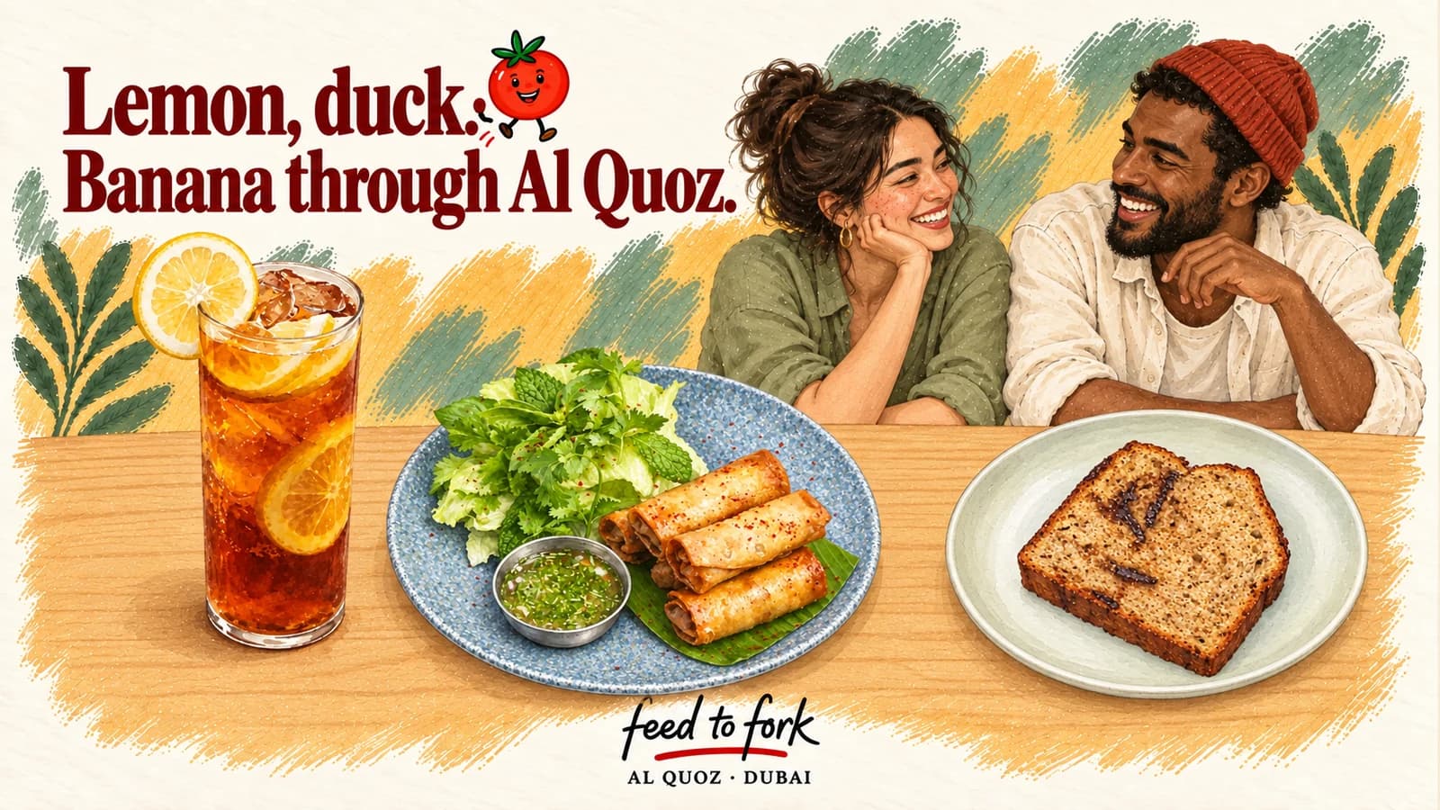 Editorial illustration · Al Quoz: lemon tea, duck rolls and banana bread