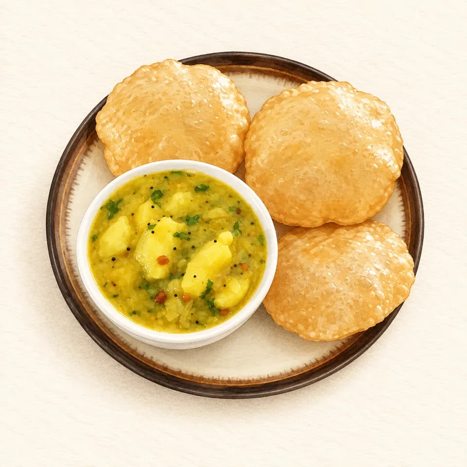 Editorial illustration of Puri with Potato Masala at Woodlands Restaurant