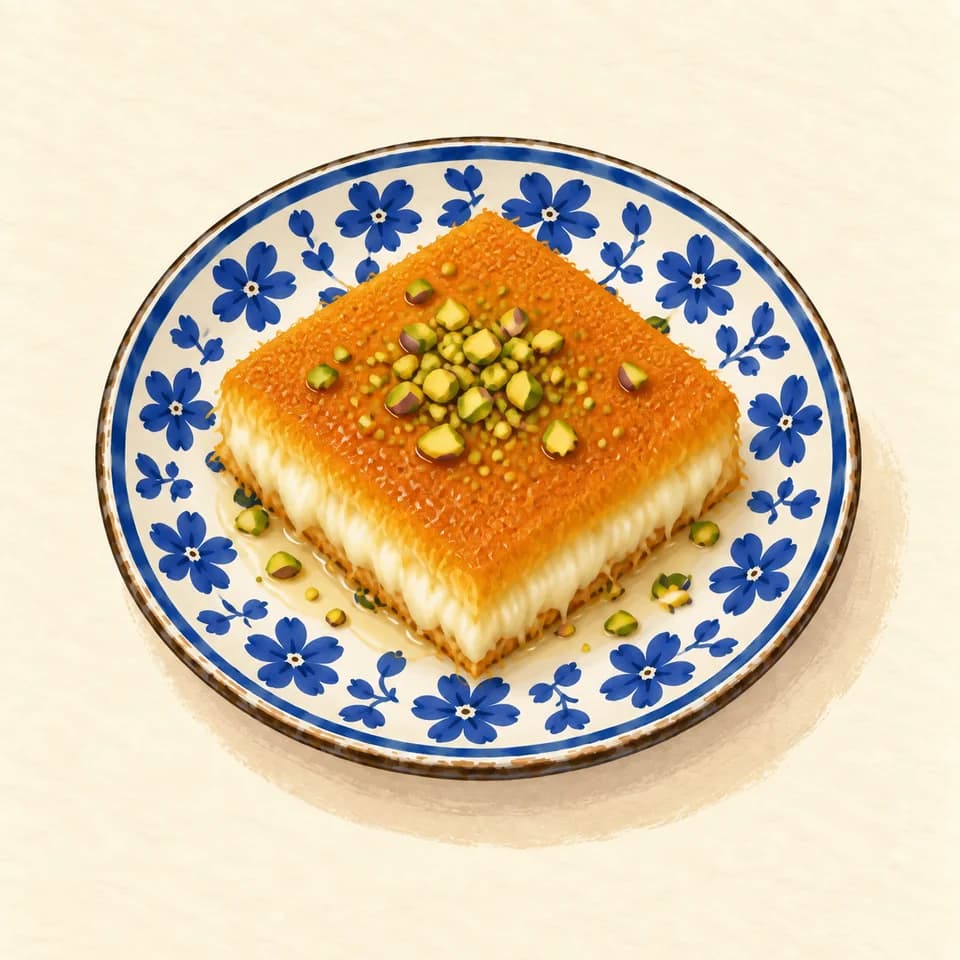 Editorial illustration of Kunafa naama with cheese