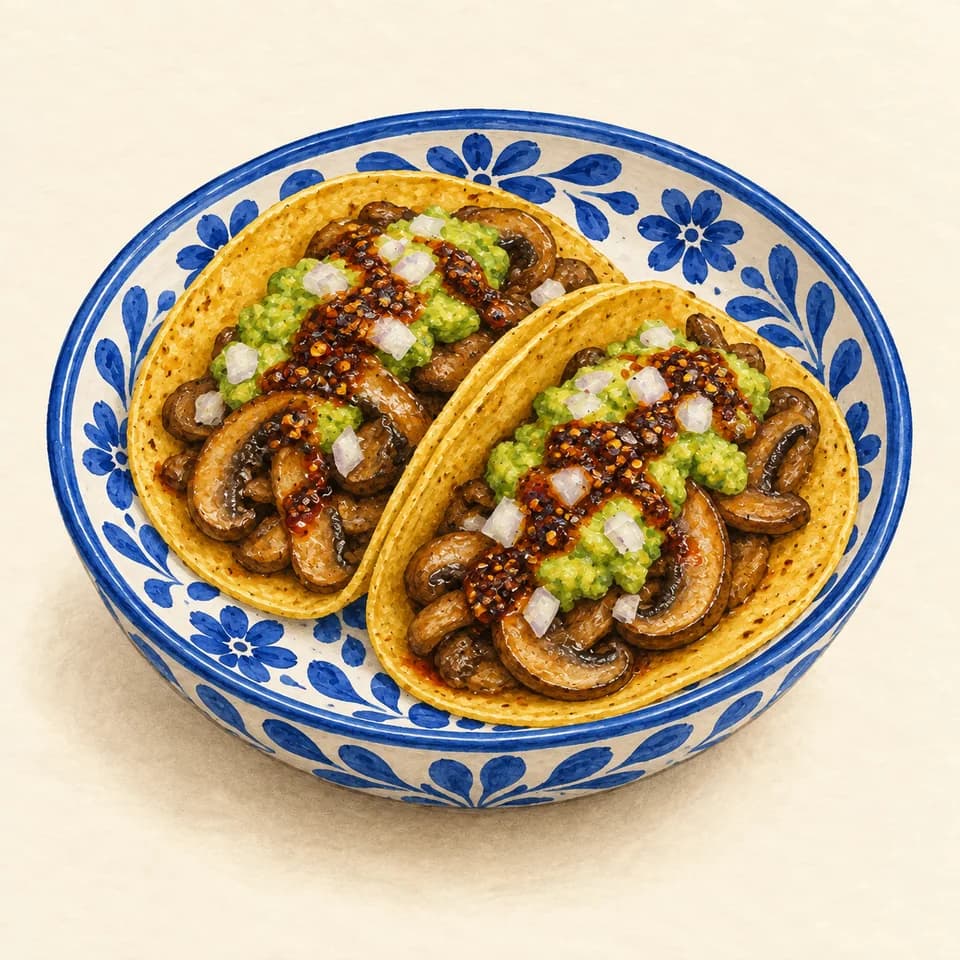 Editorial illustration of Hongo con macha tacos