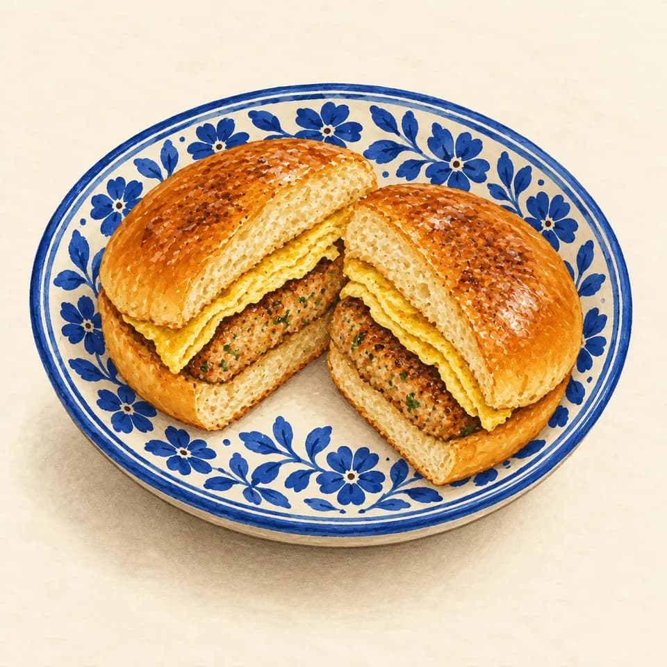 Editorial illustration of Chicken bun kabab with egg