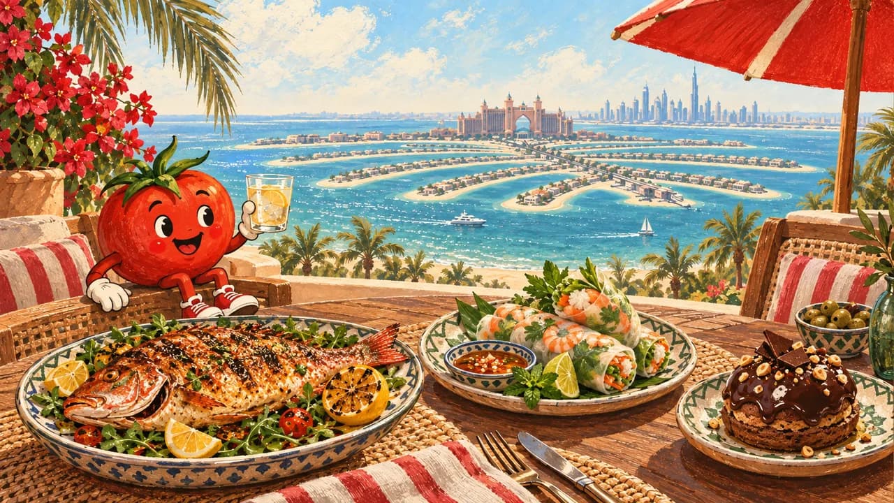 رسم توضيحي · نخلة جميرا: نهاش ولفائف ورق الأرز وشو