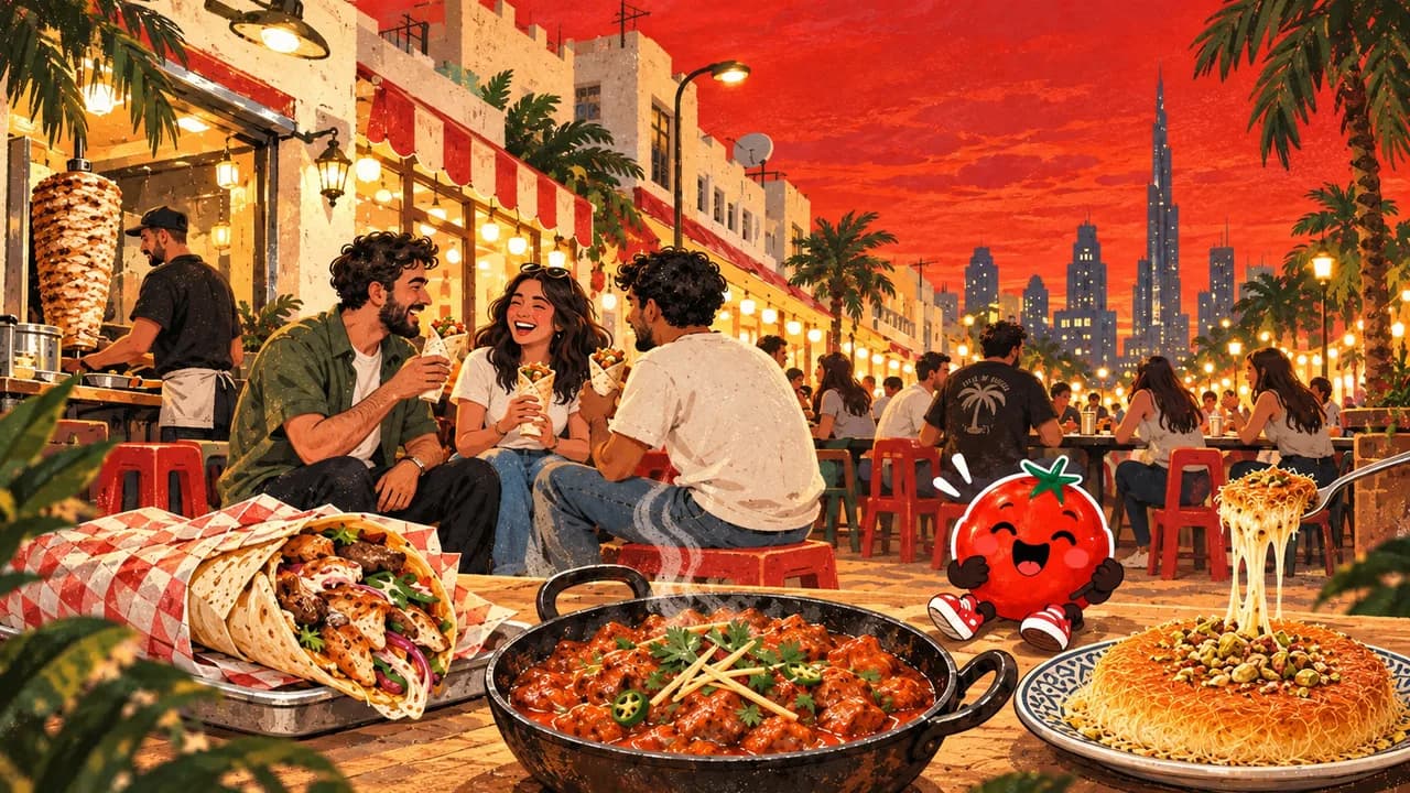 رسم توضيحي · السطوة: شاورما ودجاج بالزبدة وكنافة